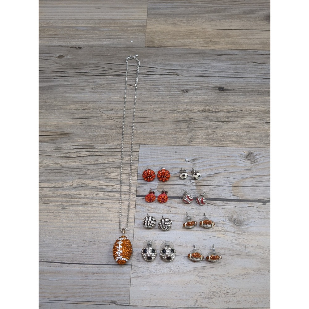 Lot Of 8 Pair‎ Sports Balls Earrings And Necklace Rhinestones